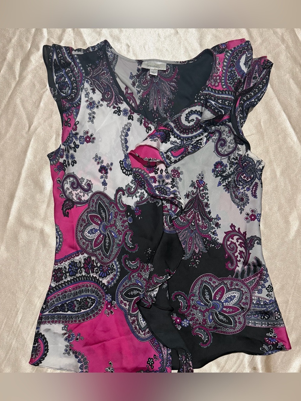 dressbarn Women's Size L Black Pink Paisley Print Ruffle Sleeveless Blouse Y2K